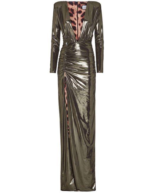 Philipp Plein Metallic Lamé Jersey Padded Shoulder Lond Dress
