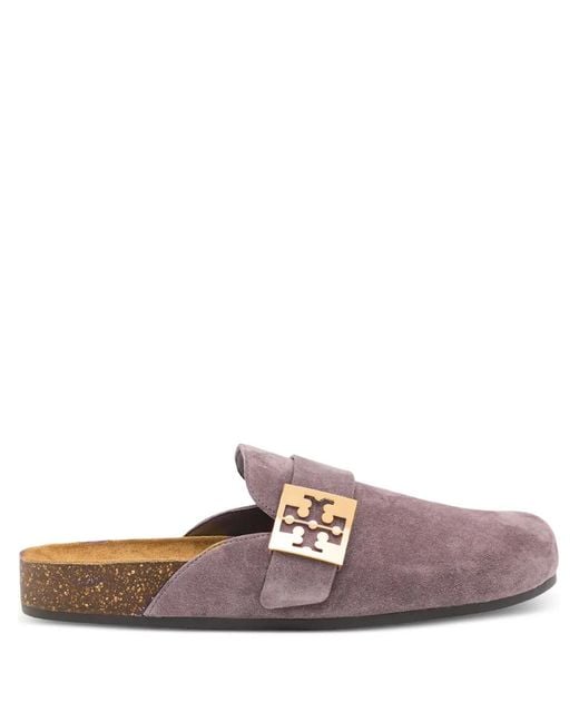 Tory Burch Brown Mellow Metal-Logo Suede Mules