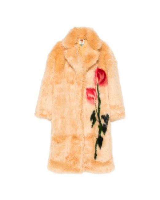 Farm Rio Orange Floral-Motif Faux-Fur Coat