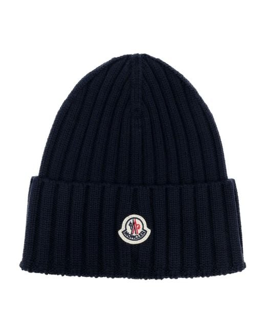 Moncler Blue Gerippte Beanie Mit Logo-Patch