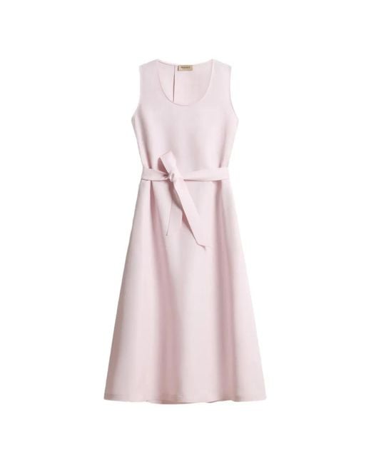 Woolrich Pink Round-Neck Belted Midi Dress