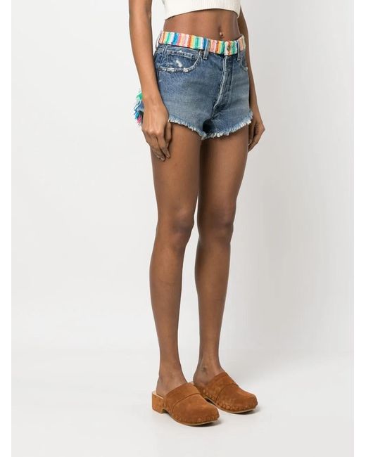 Alanui Blue Crochet-detail Mini Denim Shorts