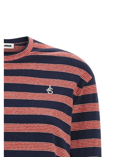 Jil Sander Blue Striped Embroidered-Logo T-Shirt
