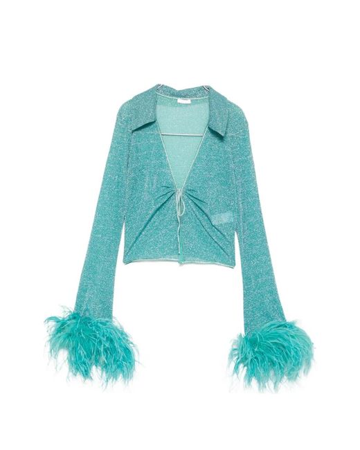 Oseree Blue Feather-Trim Metallic-Thread Top