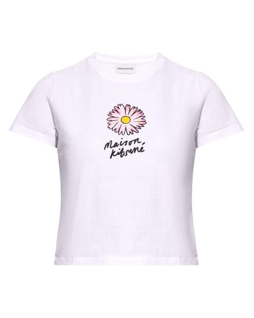 Maison Kitsuné White Floating Flower-print Cotton T-shirt