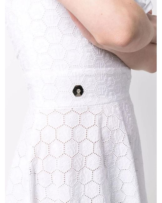 Philipp Plein White Lace-Design Midi Dress