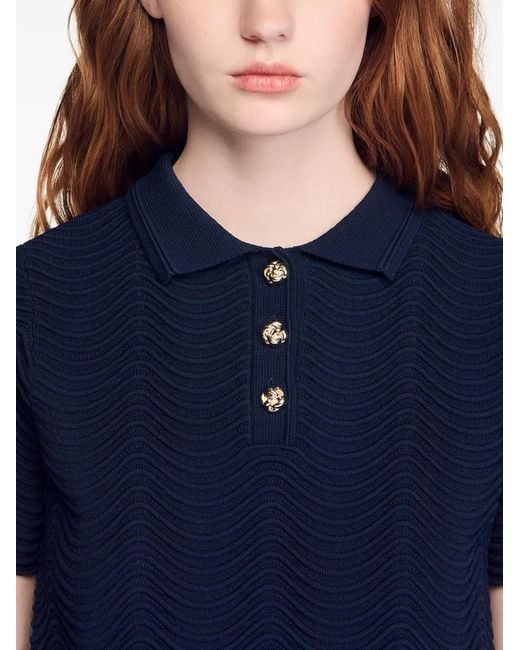 Sandro Blue Scalloped Cropped Polo Top