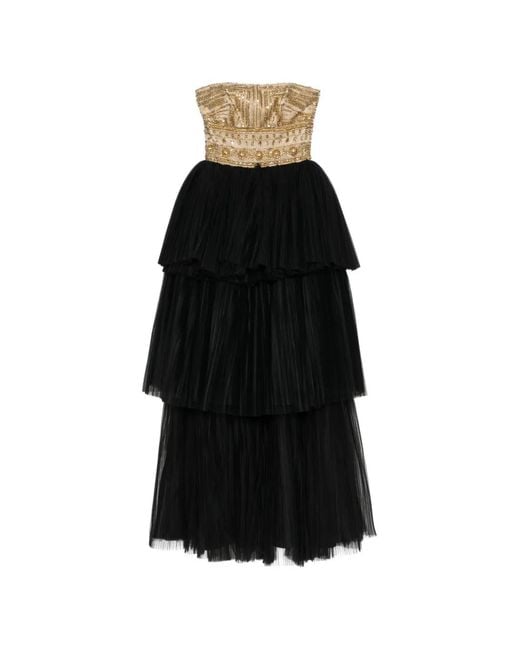 Naeem Khan Black Beaded-Bodice Layered Gown