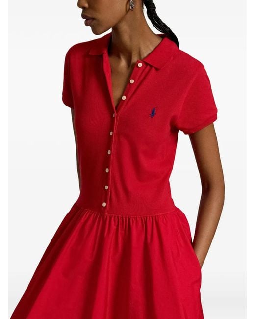 Polo Ralph Lauren Red Button-Details Polo-Collar Cotton Midi Dress