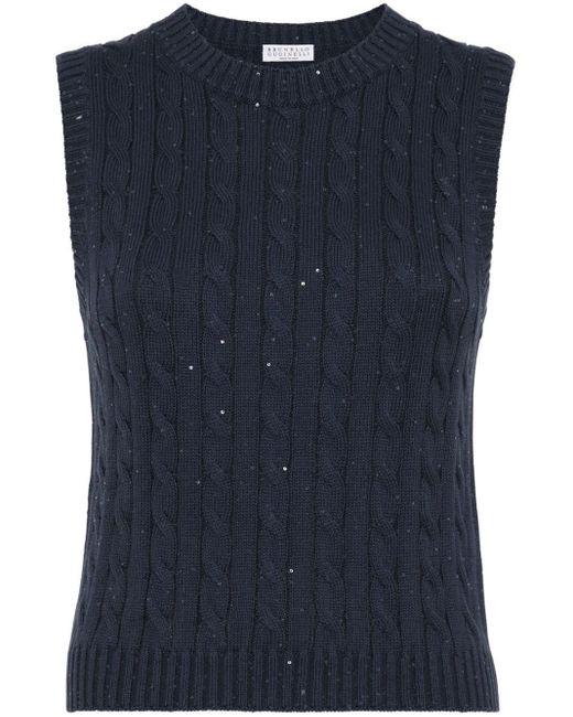 Brunello Cucinelli Blue Sequinned Cable-Knit Top