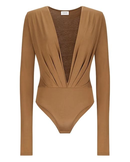 ANDAMANE Brown Zelda Plunging-Neckline Long-Sleeve Bodysuit