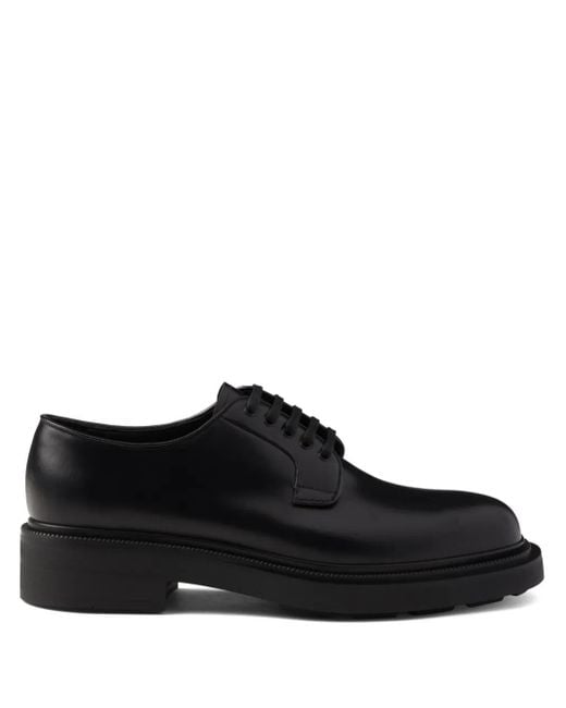 Prada Black Brushed-Leather Derby Shoes for men