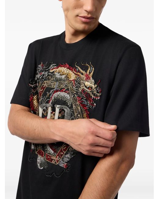 Philipp Plein Black Round Neck T-Shirt Dragon for men