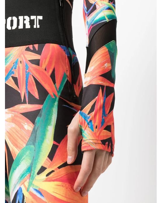 Philipp Plein Red Botanical-Print Long-Sleeve Compression Top