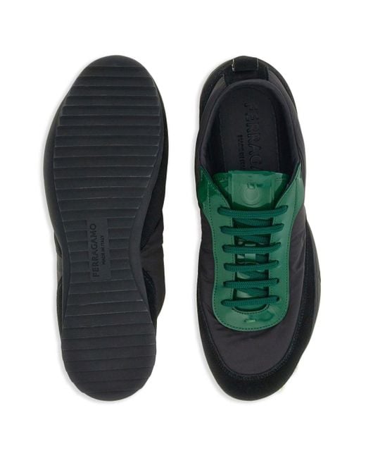 Ferragamo Black And Forest Green Panelled Lace-up Sneakers - Men's - Fabric/calfskin for men