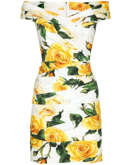 Dolce & Gabbana Yellow Schulterfreies Kleid mit Rosen-Print