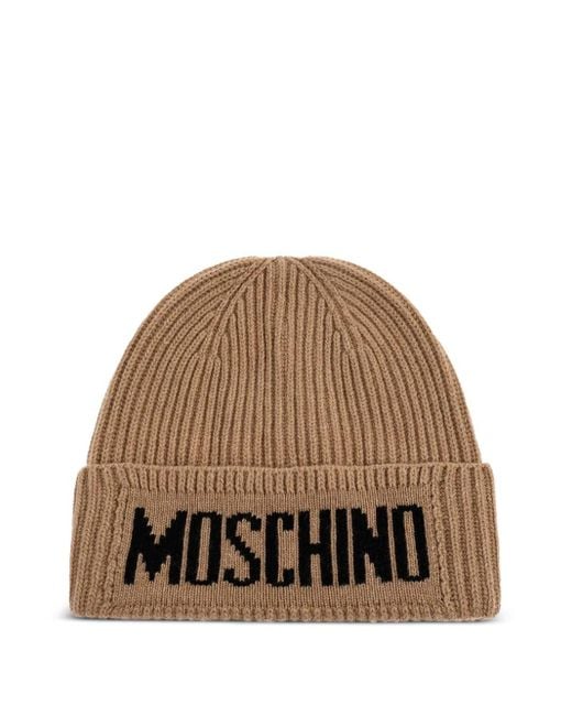 Moschino Brown Logo-Embroidered Ribbed Beanie