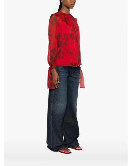 Max Mara Red Floral-Print Tie-Cuff Blouse