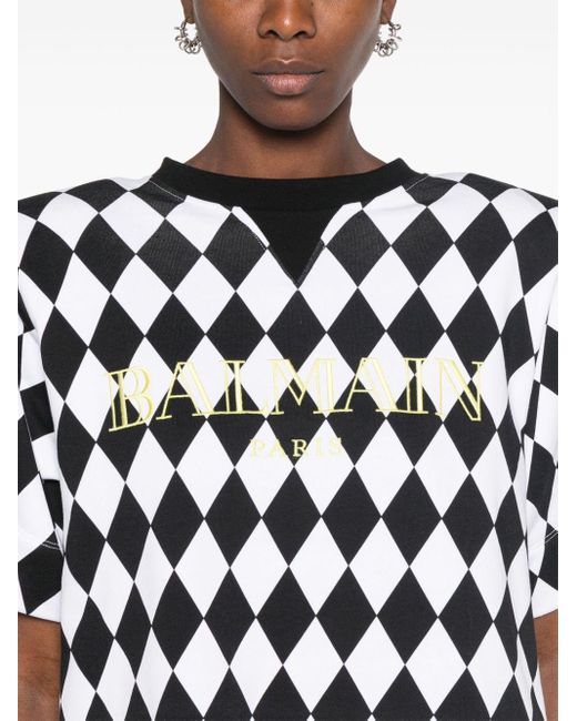 Balmain Black Diamond-Print Cropped T-Shirt