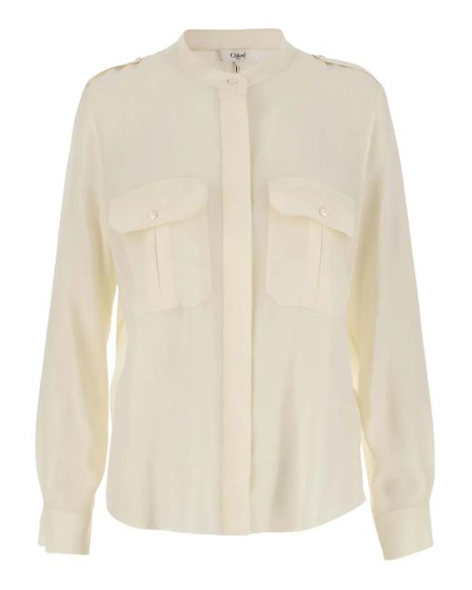 Chloé Zijden Blouse Met Ronde Opstaande Kraag in het White
