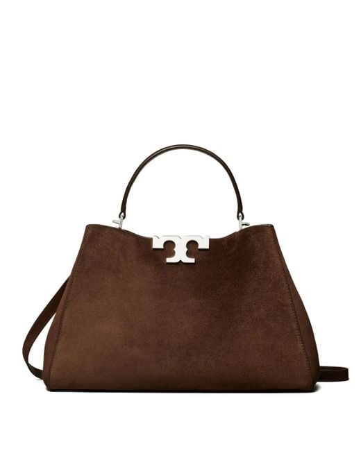 Tory Burch Double-t Logo Suede Satchel Brown