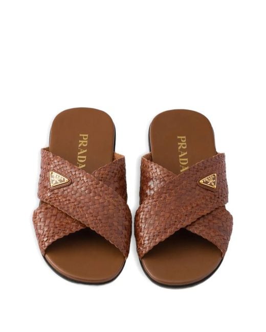 Prada Brown Leather Crisscross Slides
