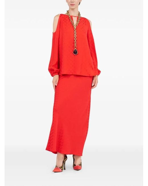 Roberto Cavalli Red Monogram-Pattern Maxi Skirt