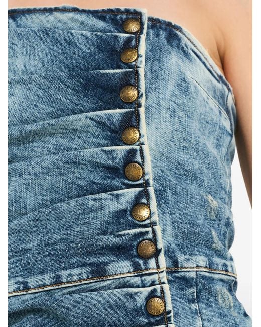 retroféte Blue Button-Fastening Strapless Mini Dress