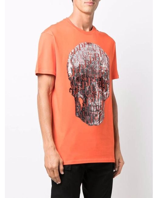 Philipp Plein Orange Beaded Logo-Skull T-Shirt