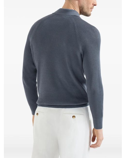 Brunello Cucinelli Blue Cotton English Rib Knit Polo With Long Raglan Sleeves for men