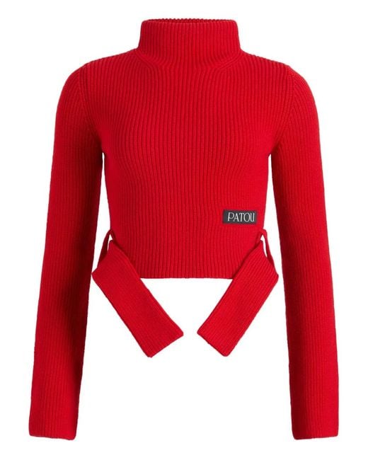 Patou Red Ribbed Mock-Neck Top