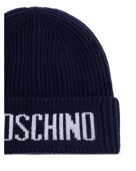 Moschino Blue Logo-Detail Ribbed Beanie Hat