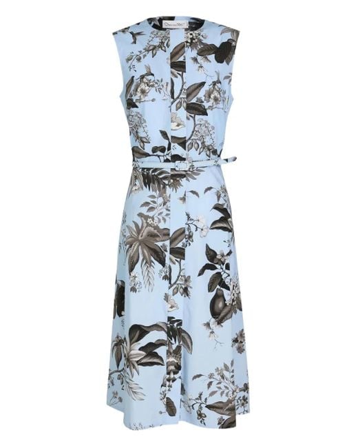 Oscar de la Renta Blue Floral Belted Shirt Midi Dress