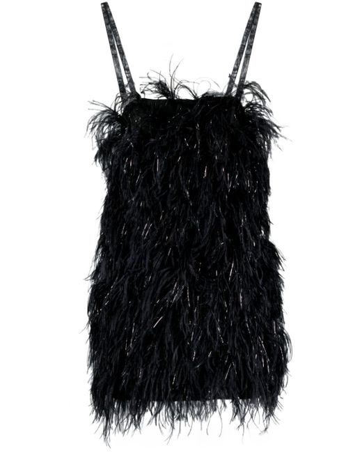 MSGM Black Square-neck Ostrich-feather Minidress