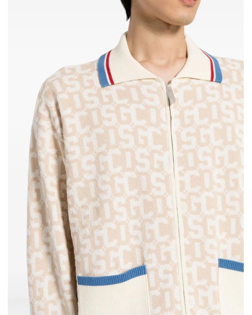 Gcds Natural Logo Intarsia-Knit Zip-Up Cardigan for men