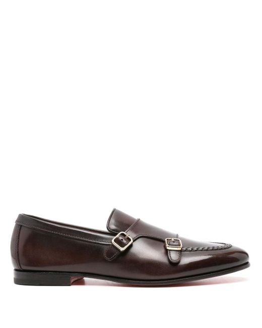 Santoni Brown Buckled Leather Monk Shoes for men