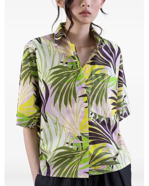 Psophia Green Oversized Palm-Print Short-Sleeve Shirt