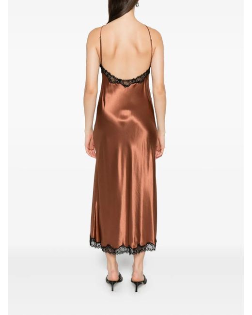 Rixo Brown Bronze Satin Halterneck Spitze Slip Kleid
