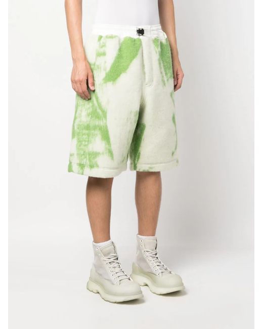 Y-3 Green Brush-Stroke Print Fleece Shorts for men
