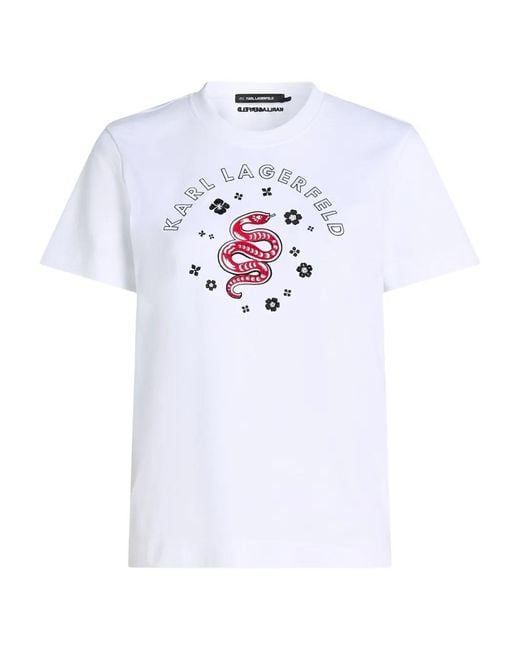 Karl Lagerfeld White Snake-Floral Embroidered T-Shirt