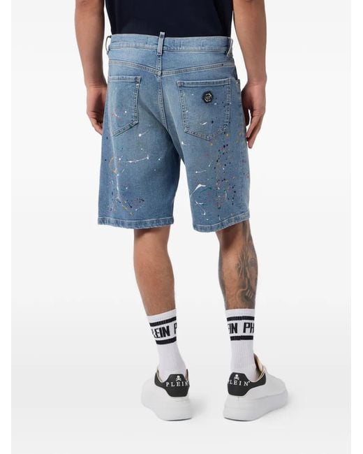 Philipp Plein Blue Paint-Splatter-Effect Denim Shorts for men