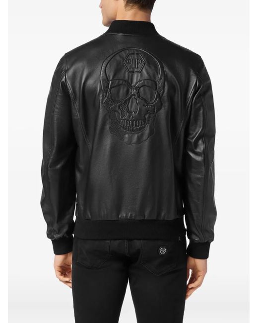 Philipp Plein Black Skull-Motif Leather Jacket for men