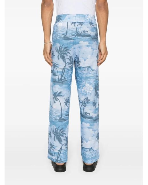 Palm Angels Blue Island-Print Straight-Leg Trousers for men