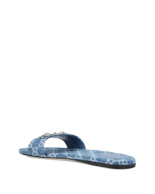 Gucci Blue Horsebit Gg-Pattern Flat Sandals