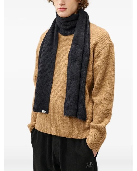 C P Company Blue Ribbed Logo-Patch Scarf for men