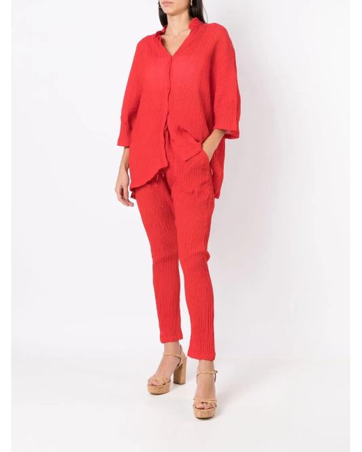 Amir Slama Red Crinkle-Effect Silk Trousers