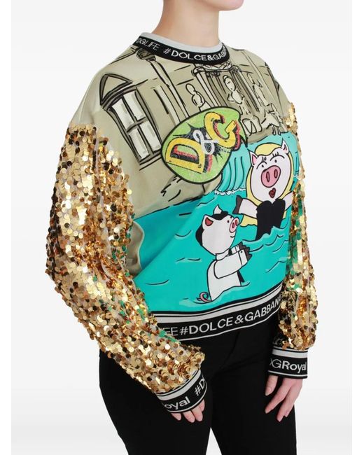 Dolce & Gabbana Gray Sequin-Embellished Graphic-Print Sweater