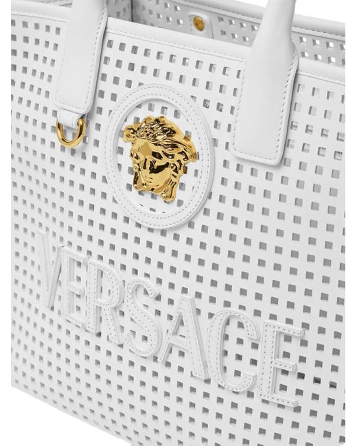 Versace White Small Medusa-Plaque Perforated Tote Bag