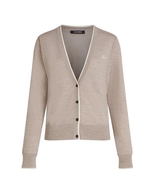 Karl Lagerfeld Natural Logo-Embroidered Merino-Wool Cardigan