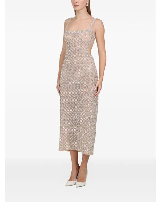 Dina Melwani Pink Crystal Square-Neck Midi Dress